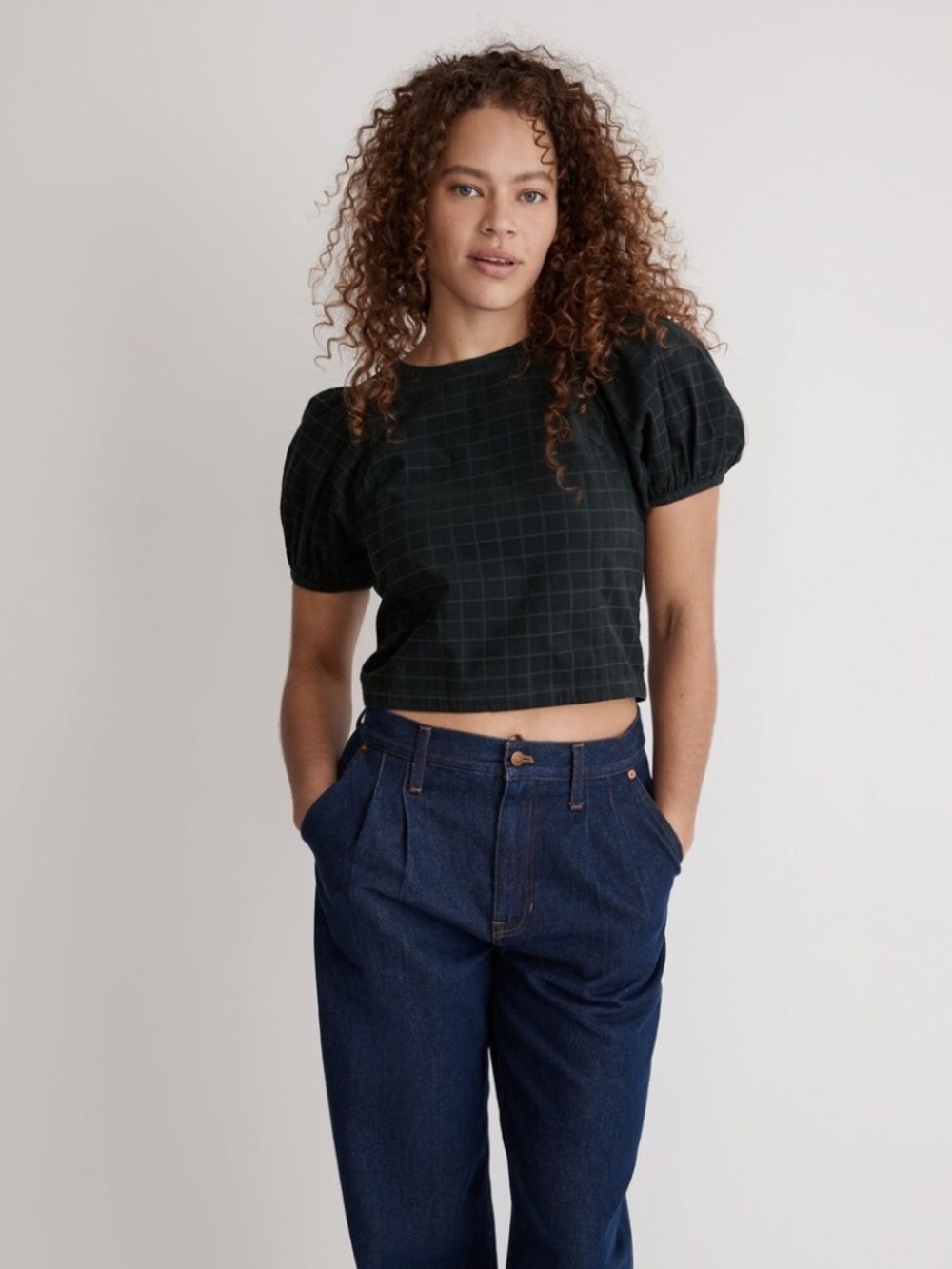 Madewell Corduroy Puff-Sleeve Top in Windowpane - Size 12